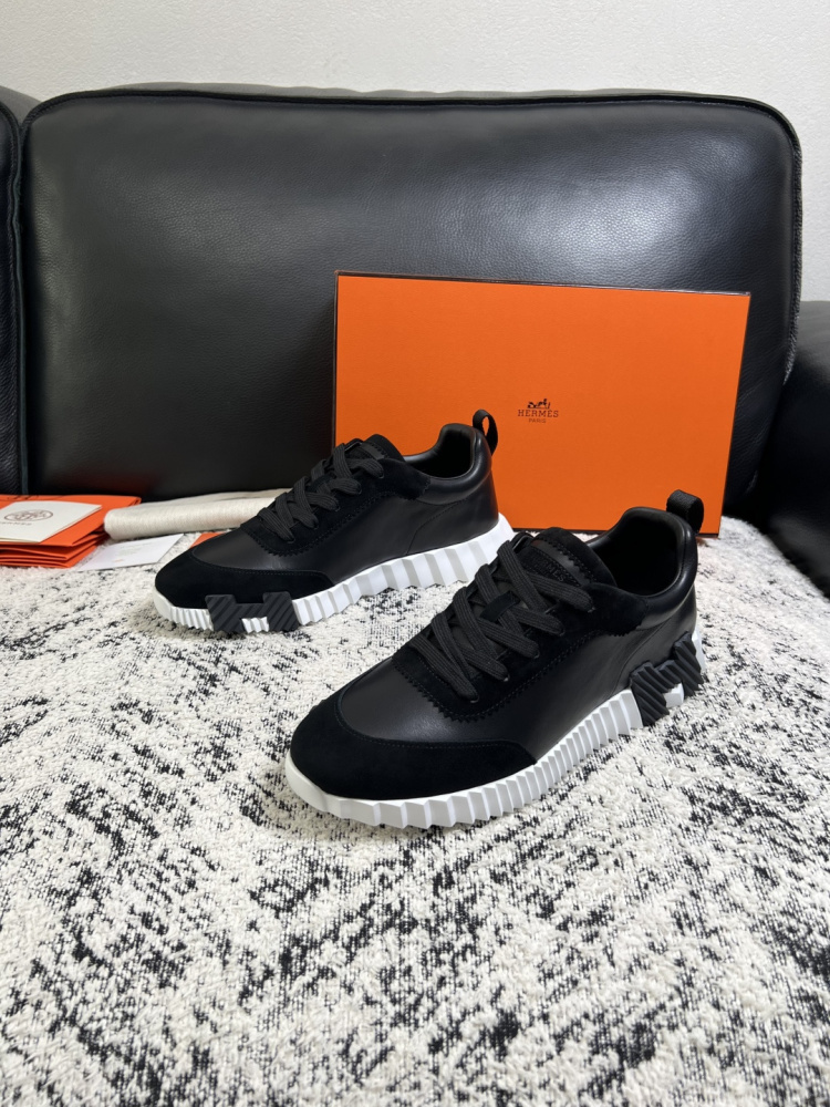 Hermes Bouncing Sneaker, Black Calfskin & Suede Goatskin Casual Platform Sneakers For Men