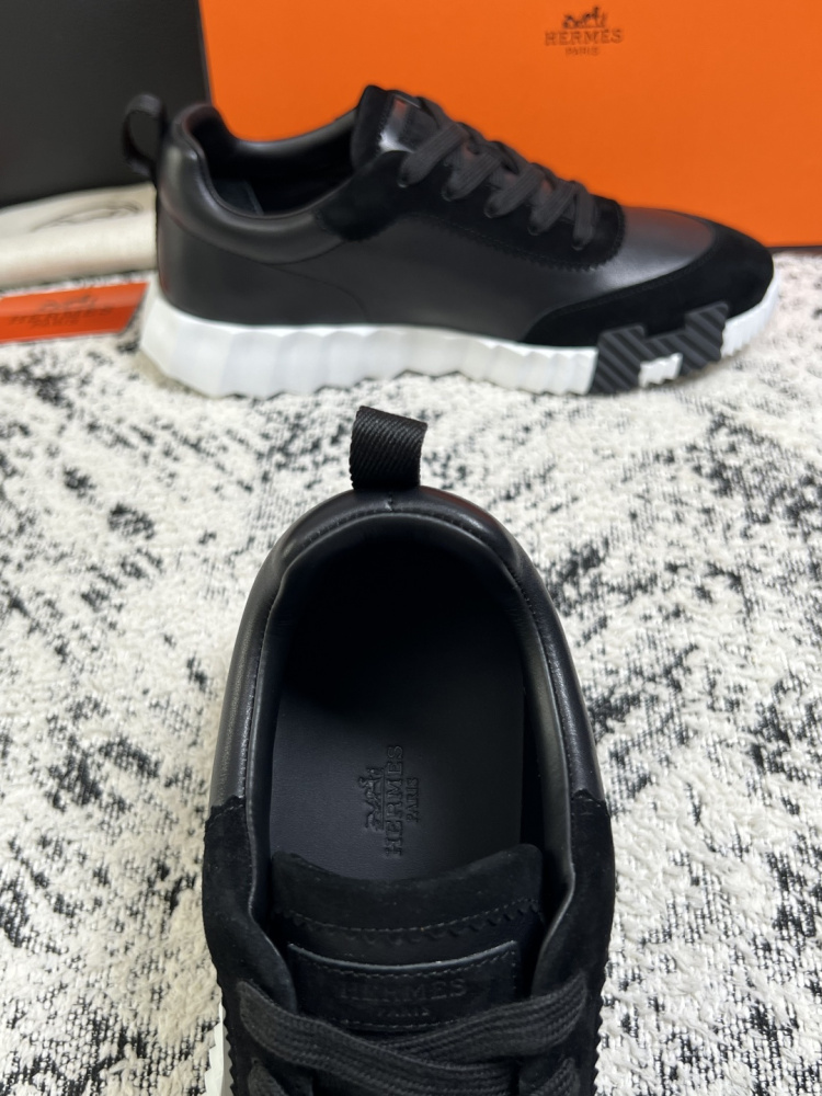 Hermes Bouncing Sneaker, Black Calfskin & Suede Goatskin Casual Platform Sneakers For Men