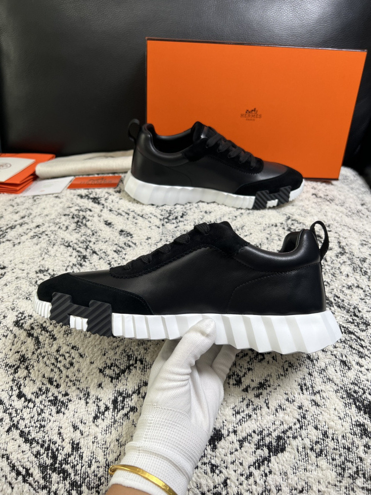 Hermes Bouncing Sneaker, Black Calfskin & Suede Goatskin Casual Platform Sneakers For Men