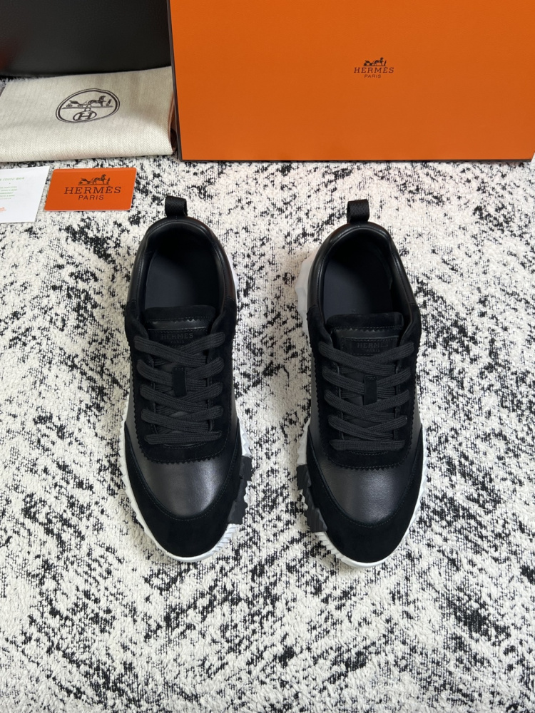 Hermes Bouncing Sneaker, Black Calfskin & Suede Goatskin Casual Platform Sneakers For Men