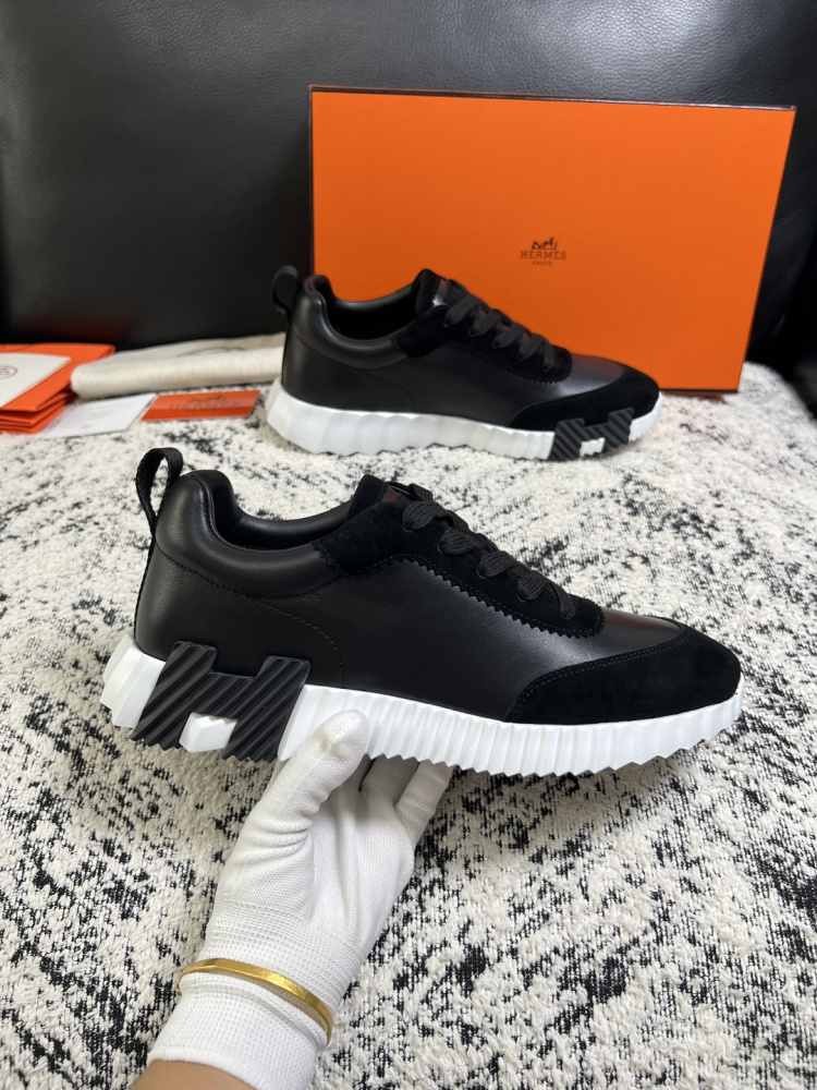 Hermes Bouncing Sneaker, Black Calfskin & Suede Goatskin Casual Platform Sneakers For Men