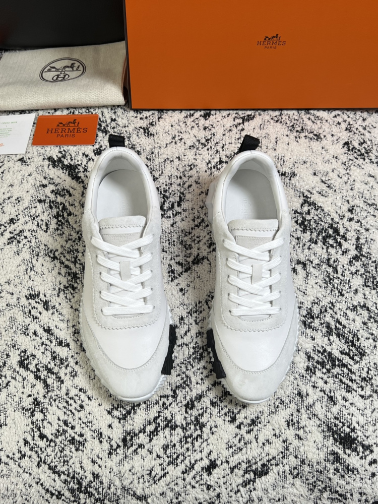 Hermes Bouncing Sneaker, White Calfskin & Suede Goatskin Casual Platform Sneakers For Men