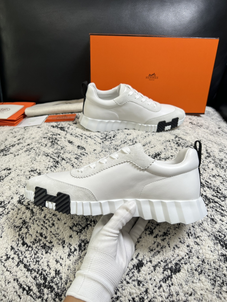 Hermes Bouncing Sneaker, White Calfskin & Suede Goatskin Casual Platform Sneakers For Men