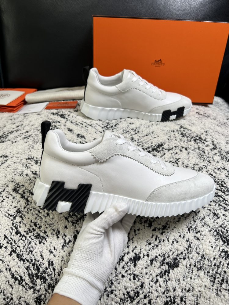 Hermes Bouncing Sneaker, White Calfskin & Suede Goatskin Casual Platform Sneakers For Men