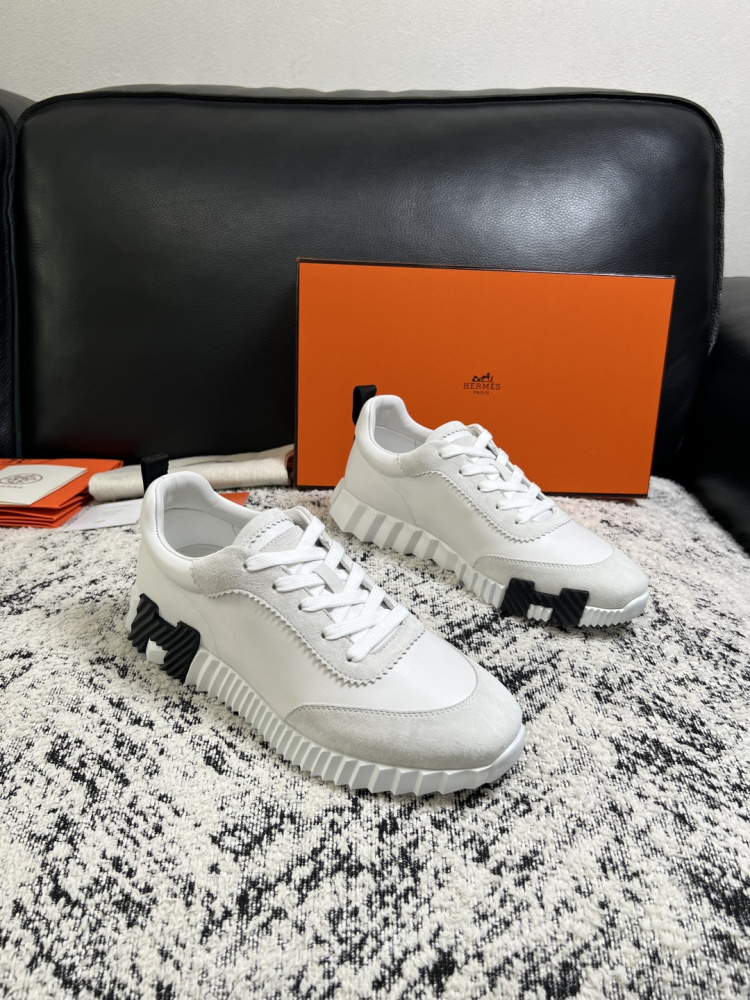 Hermes Bouncing Sneaker, White Calfskin & Suede Goatskin Casual Platform Sneakers For Men
