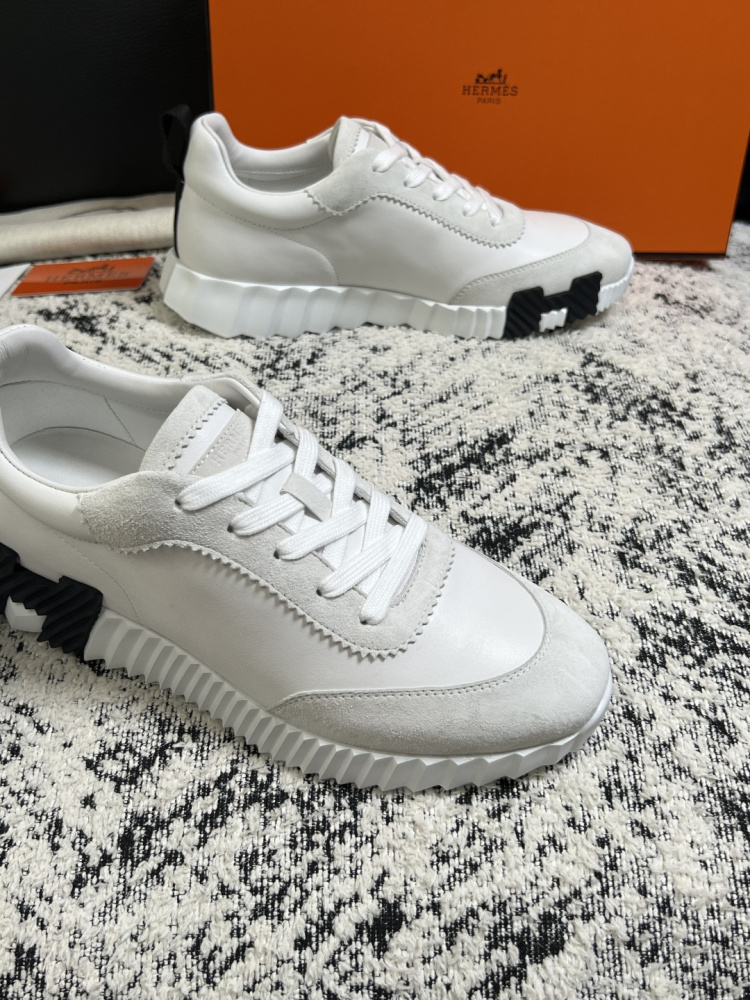 Hermes Bouncing Sneaker, White Calfskin & Suede Goatskin Casual Platform Sneakers For Men