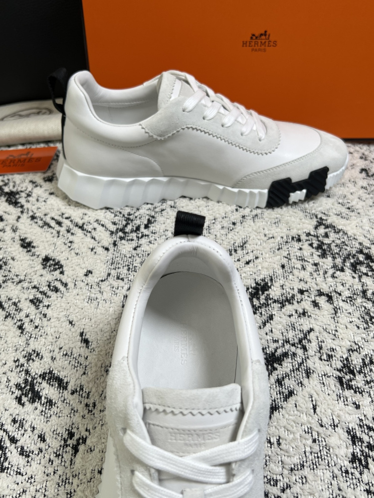 Hermes Bouncing Sneaker, White Calfskin & Suede Goatskin Casual Platform Sneakers For Men