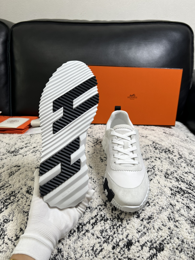 Hermes Bouncing Sneaker, White Calfskin & Suede Goatskin Casual Platform Sneakers For Men
