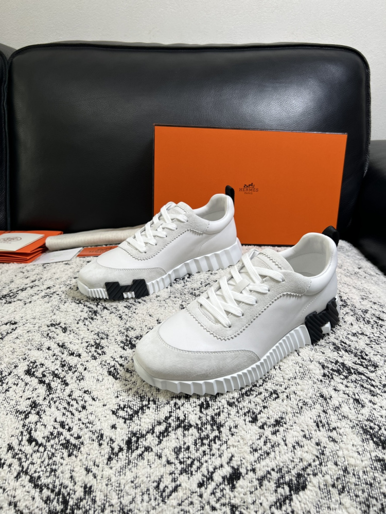 Hermes Bouncing Sneaker, White Calfskin & Suede Goatskin Casual Platform Sneakers For Men