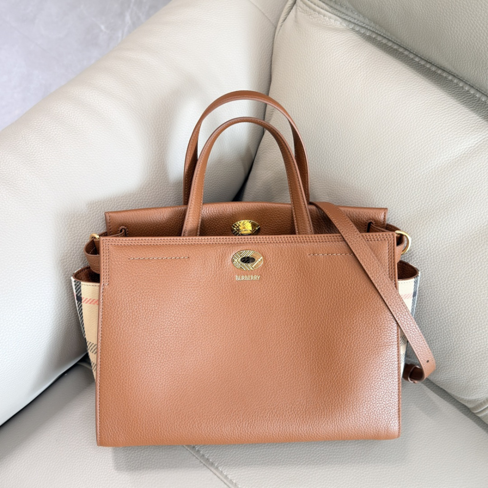 Small Cotswolds Leather Tote Bag, Vintage Check Side Panel Handbag with Detachable Crossbody Strap, Women Office Commuter Top Handle Bag