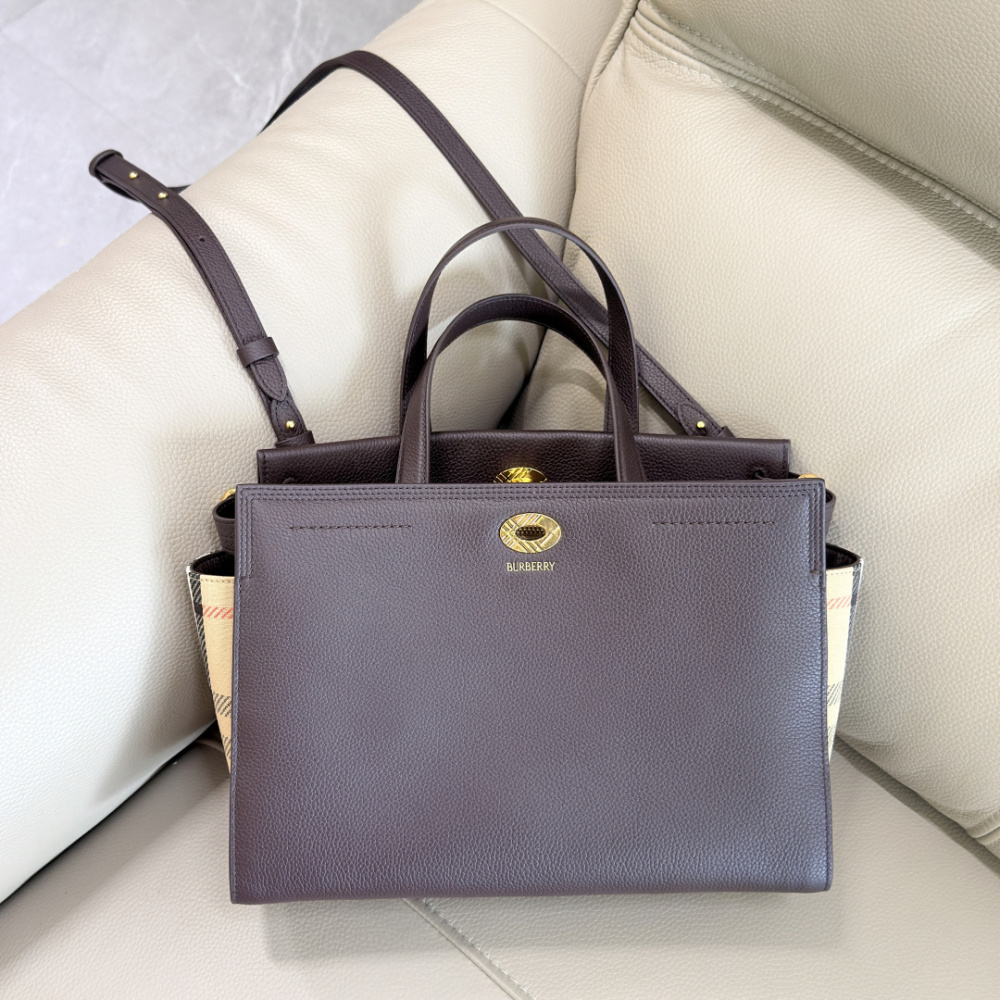 Small Cotswolds Leather Tote Bag, Vintage Check Side Panel Handbag with Detachable Crossbody Strap, Women Office Commuter Top Handle Bag