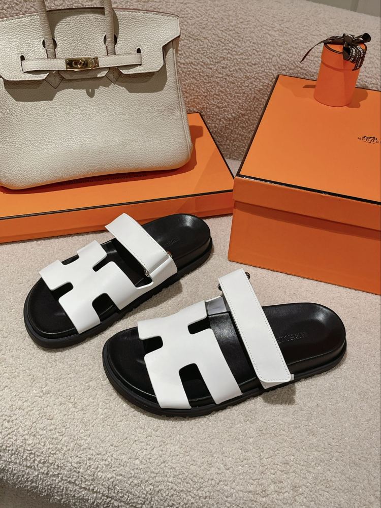 Hermes Chypre Sandals, White Calfskin Double Strap Adjustable Flat Slide Sandals For Men And Women