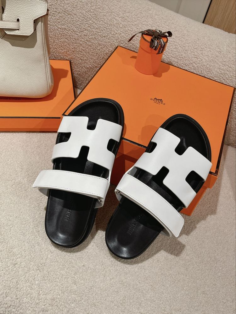 Hermes Chypre Sandals, White Calfskin Double Strap Adjustable Flat Slide Sandals For Men And Women