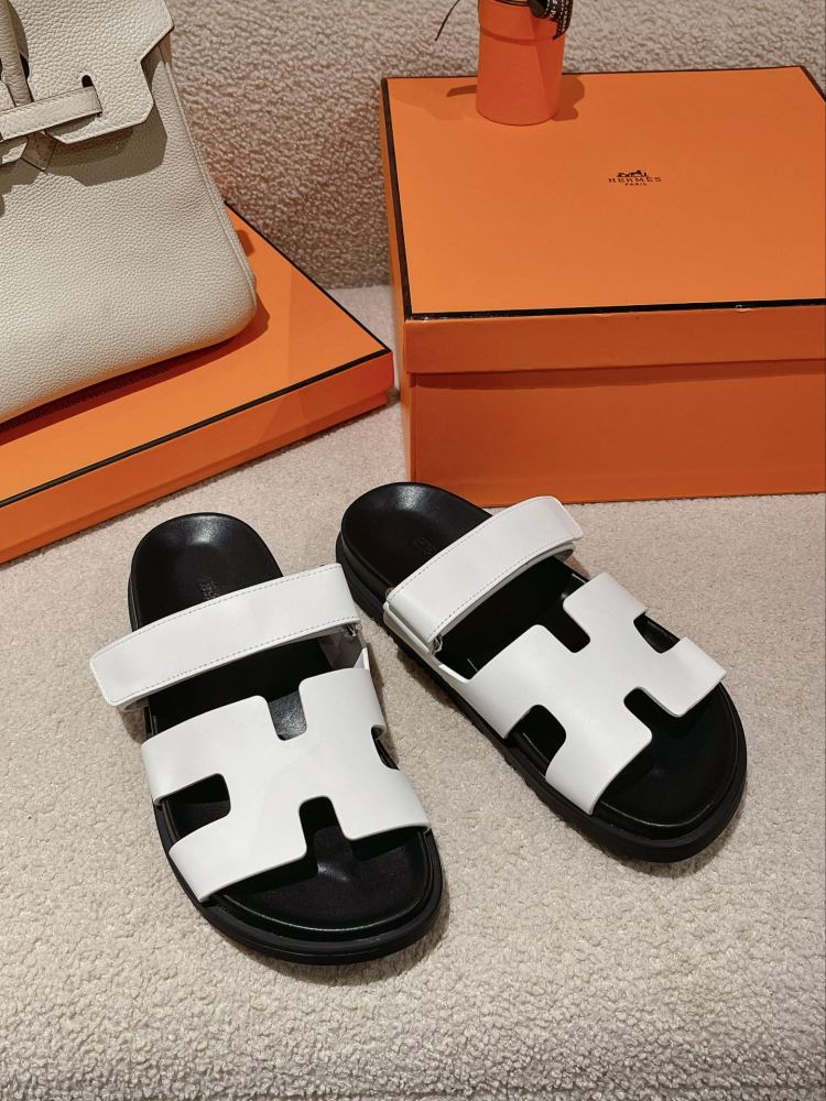 Hermes Chypre Sandals, White Calfskin Double Strap Adjustable Flat Slide Sandals For Men And Women