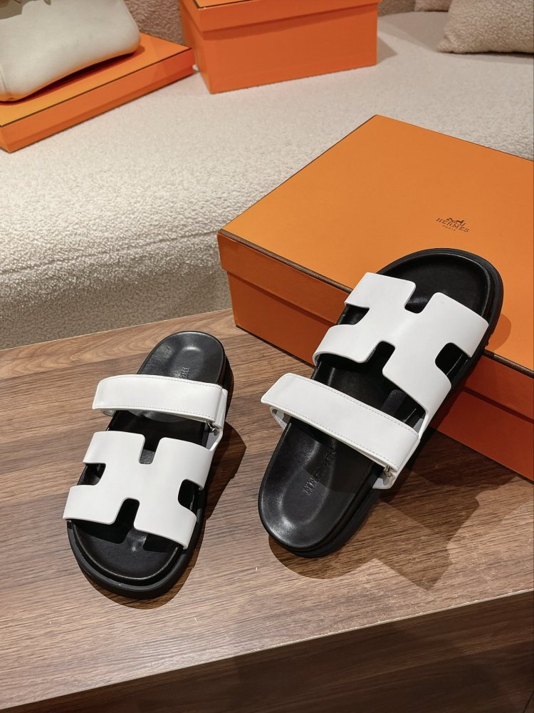 Hermes Chypre Sandals, White Calfskin Double Strap Adjustable Flat Slide Sandals For Men And Women