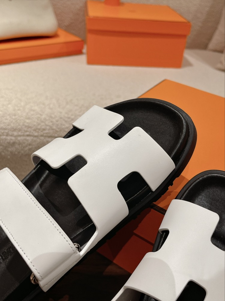 Hermes Chypre Sandals, White Calfskin Double Strap Adjustable Flat Slide Sandals For Men And Women