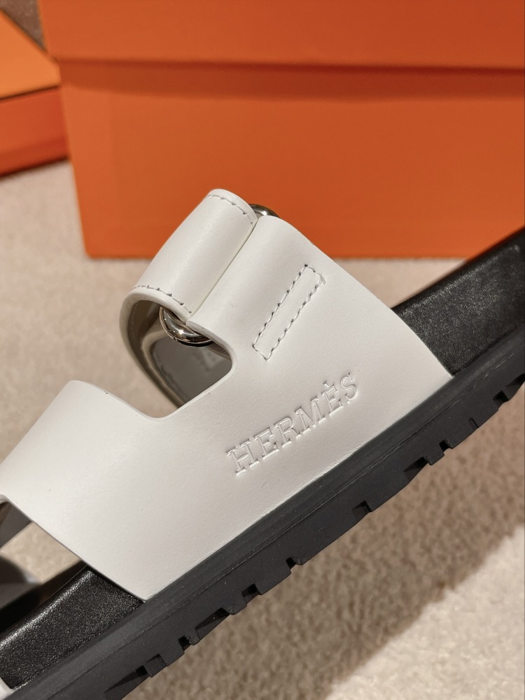 Hermes Chypre Sandals, White Calfskin Double Strap Adjustable Flat Slide Sandals For Men And Women