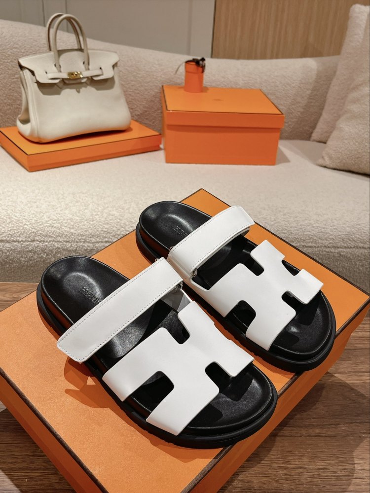 Hermes Chypre Sandals, White Calfskin Double Strap Adjustable Flat Slide Sandals For Men And Women