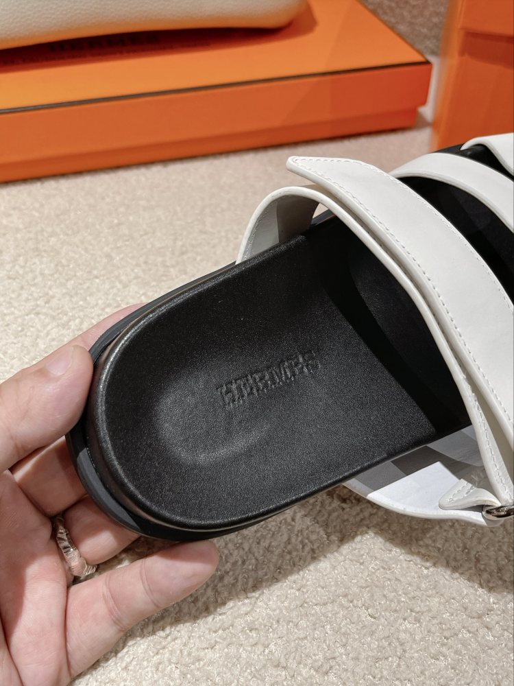 Hermes Chypre Sandals, White Calfskin Double Strap Adjustable Flat Slide Sandals For Men And Women