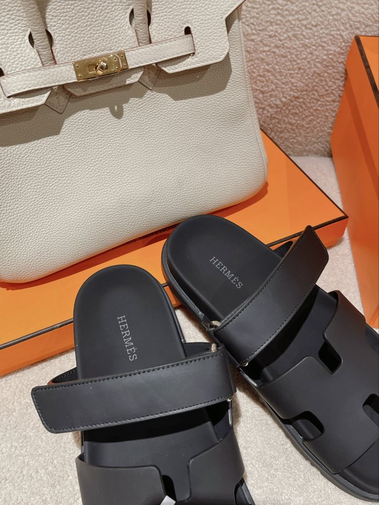 Hermes Chypre Sandals, Black Calfskin Double Strap Adjustable Flat Slide Sandals For Men And Women