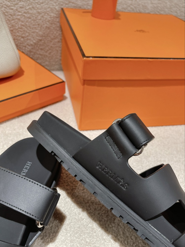 Hermes Chypre Sandals, Black Calfskin Double Strap Adjustable Flat Slide Sandals For Men And Women