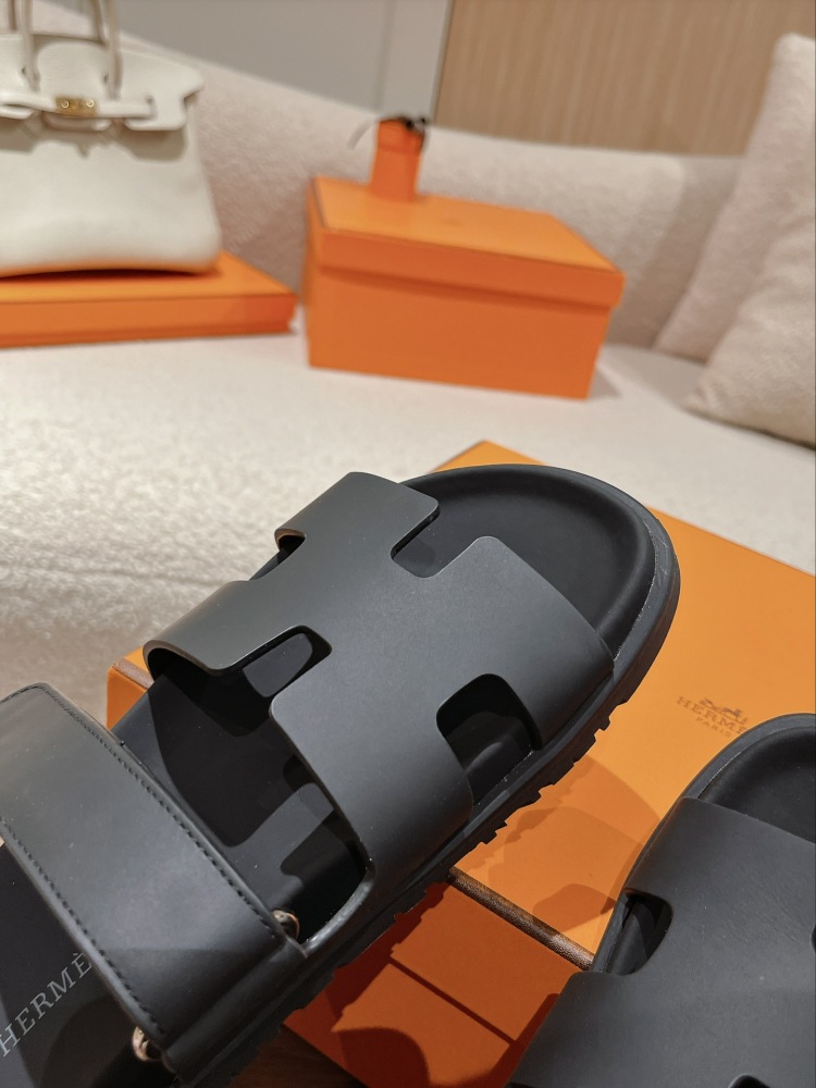 Hermes Chypre Sandals, Black Calfskin Double Strap Adjustable Flat Slide Sandals For Men And Women
