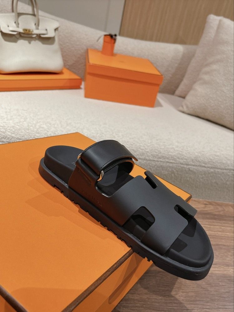 Hermes Chypre Sandals, Black Calfskin Double Strap Adjustable Flat Slide Sandals For Men And Women
