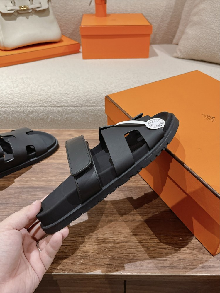 Hermes Chypre Sandals, Black Calfskin Double Strap Adjustable Flat Slide Sandals For Men And Women