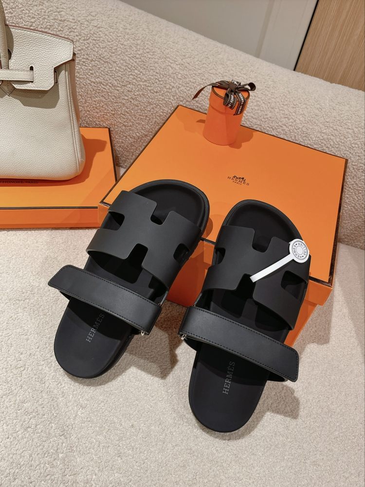Hermes Chypre Sandals, Black Calfskin Double Strap Adjustable Flat Slide Sandals For Men And Women