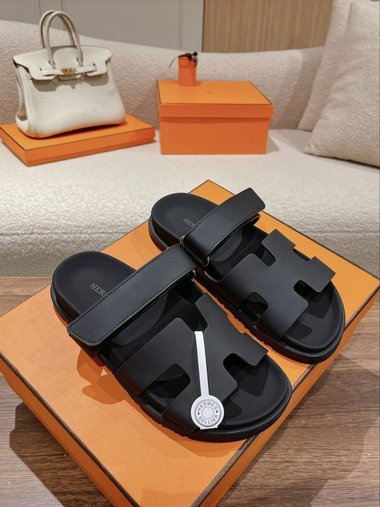 Hermes Chypre Sandals, Black Calfskin Double Strap Adjustable Flat Slide Sandals For Men And Women