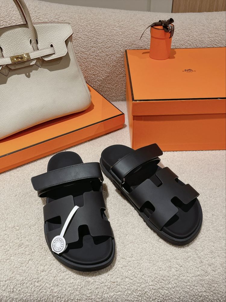 Hermes Chypre Sandals, Black Calfskin Double Strap Adjustable Flat Slide Sandals For Men And Women