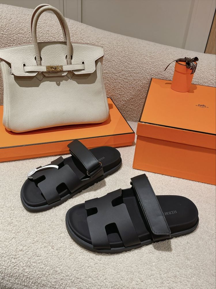 Hermes Chypre Sandals, Black Calfskin Double Strap Adjustable Flat Slide Sandals For Men And Women