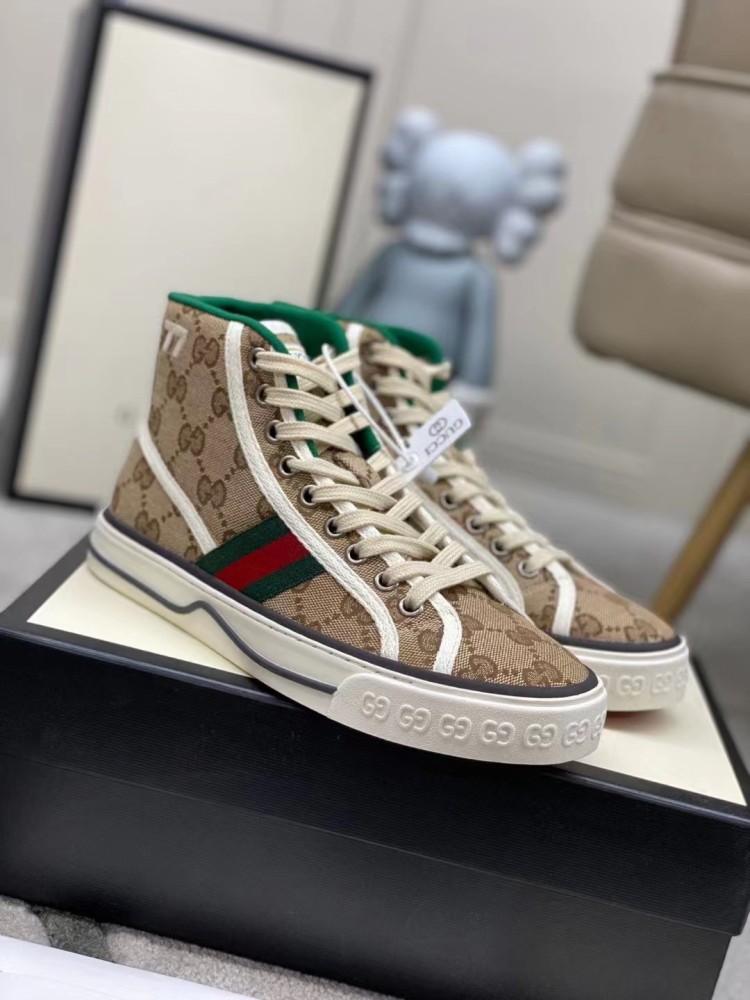 Gucci Tennis 1977 High‑Top Sneakers, GG Canvas Retro Casual Lace‑Up Board Shoes For Men Women