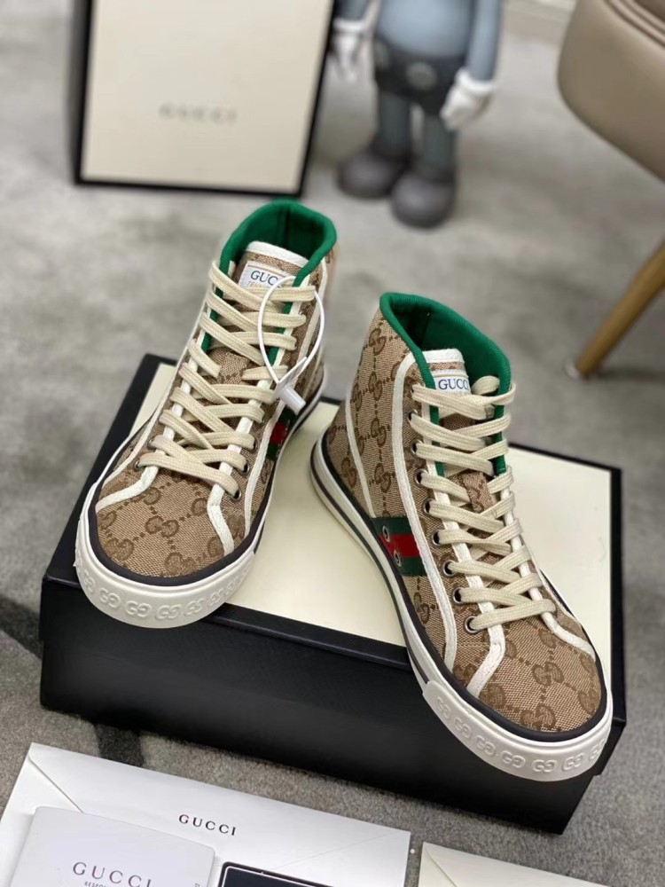 Gucci Tennis 1977 High‑Top Sneakers, GG Canvas Retro Casual Lace‑Up Board Shoes For Men Women
