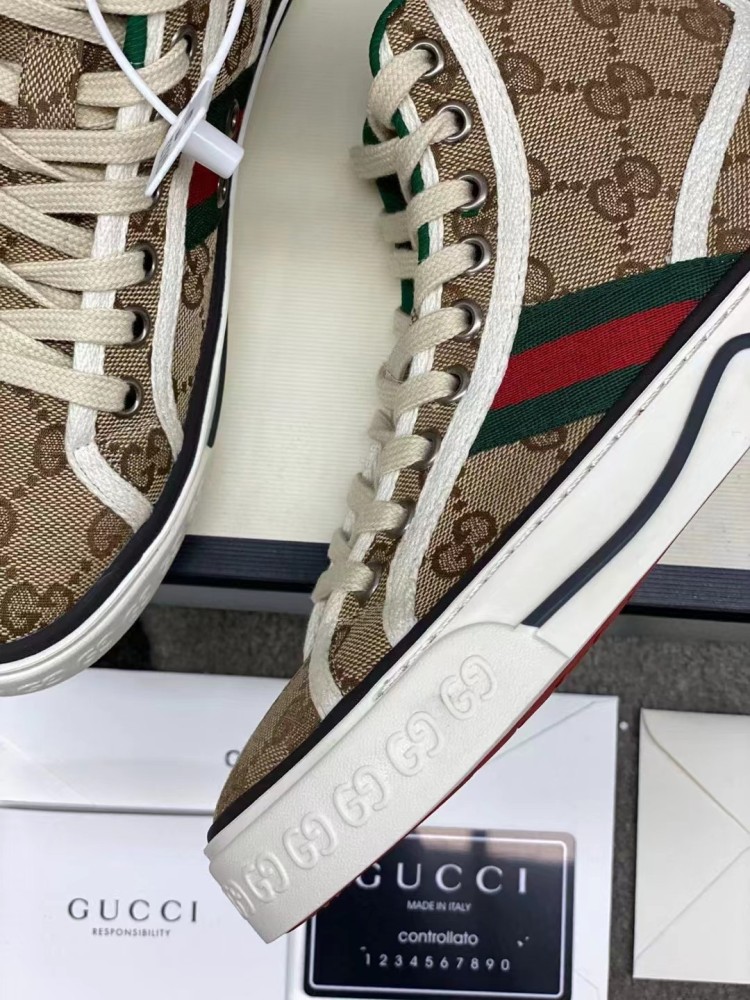 Gucci Tennis 1977 High‑Top Sneakers, GG Canvas Retro Casual Lace‑Up Board Shoes For Men Women