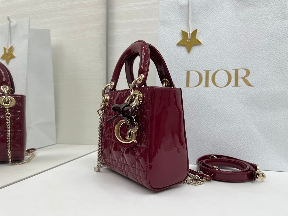 Mini Lady Dior Bag, Cherry Red Patent Cannage Calfskin, Top Handle Handbag with Detachable Crossbody Strap & Chain Wrist Strap