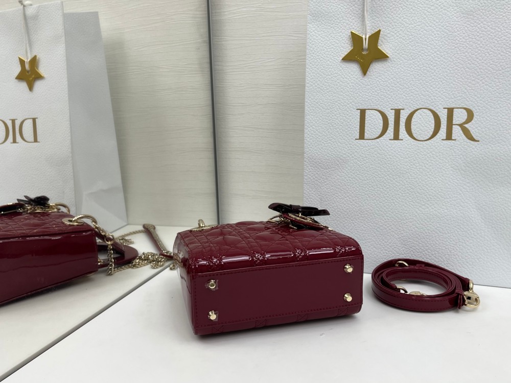 Mini Lady Dior Bag, Cherry Red Patent Cannage Calfskin, Top Handle Handbag with Detachable Crossbody Strap & Chain Wrist Strap