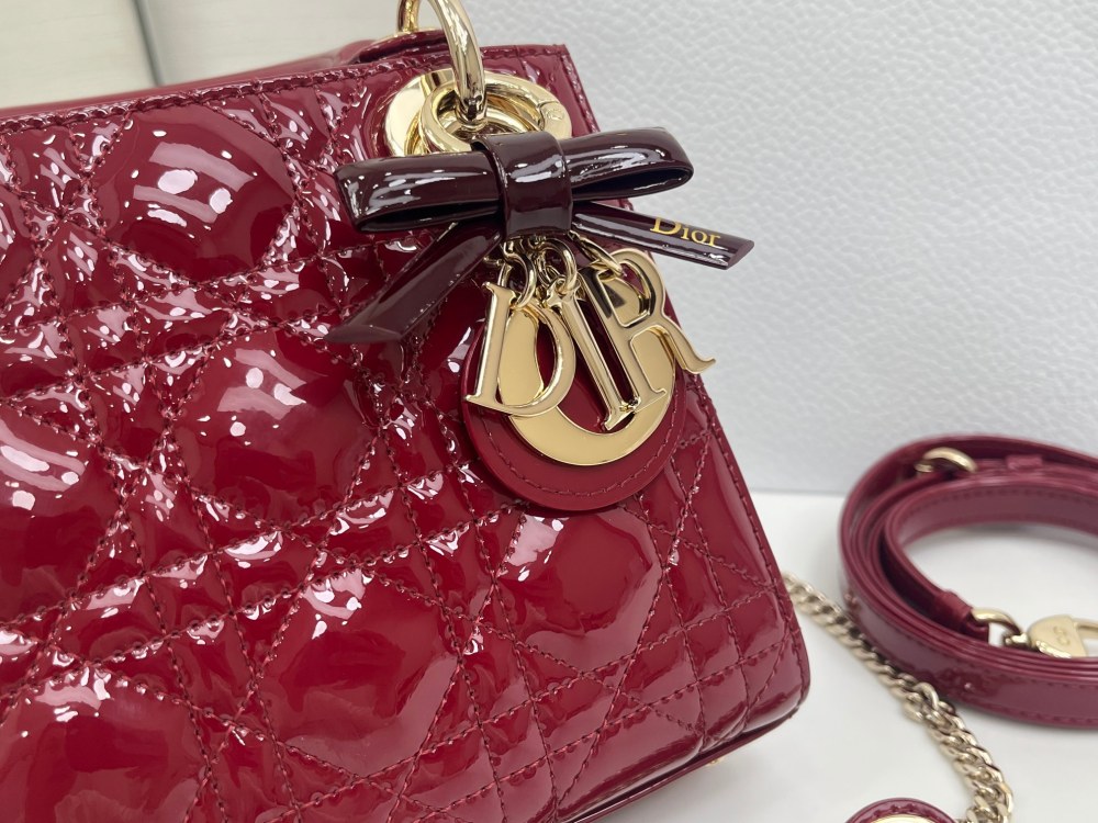 Mini Lady Dior Bag, Cherry Red Patent Cannage Calfskin, Top Handle Handbag with Detachable Crossbody Strap & Chain Wrist Strap