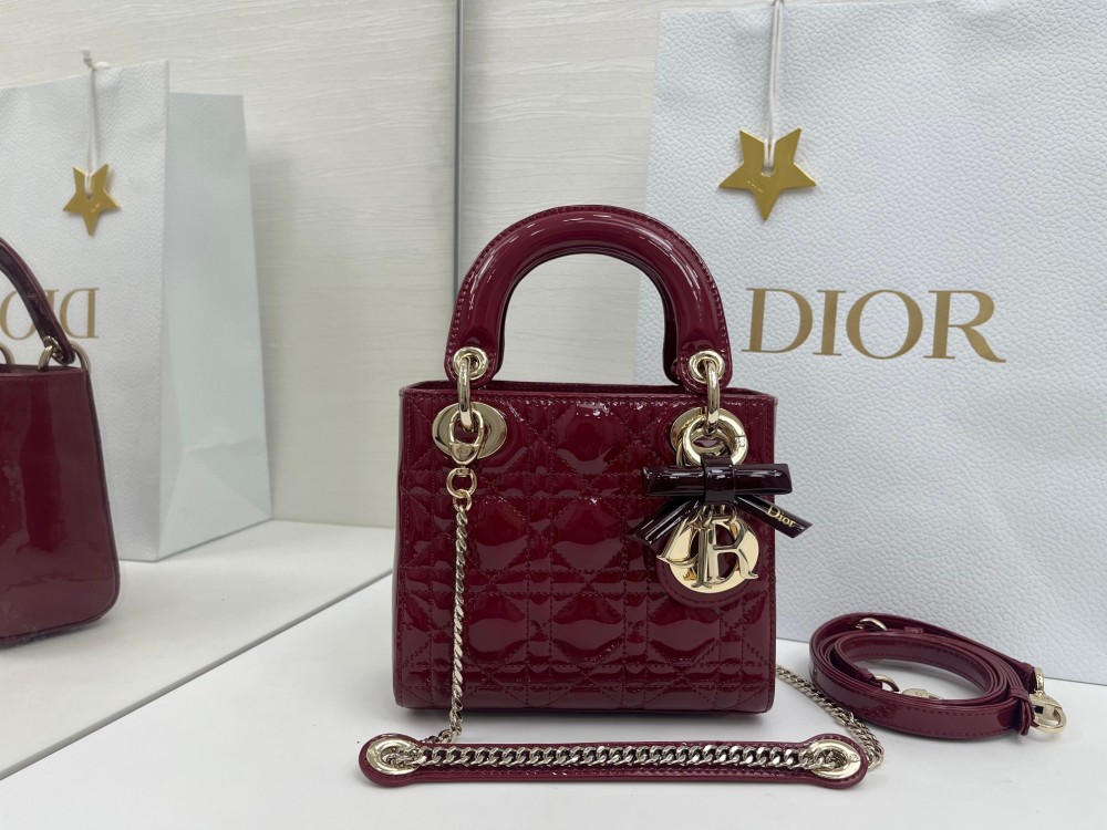 Mini Lady Dior Bag, Cherry Red Patent Cannage Calfskin, Top Handle Handbag with Detachable Crossbody Strap & Chain Wrist Strap
