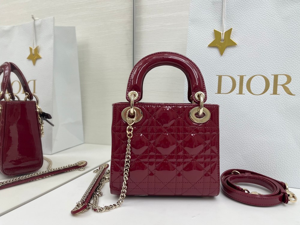 Mini Lady Dior Bag, Cherry Red Patent Cannage Calfskin, Top Handle Handbag with Detachable Crossbody Strap & Chain Wrist Strap