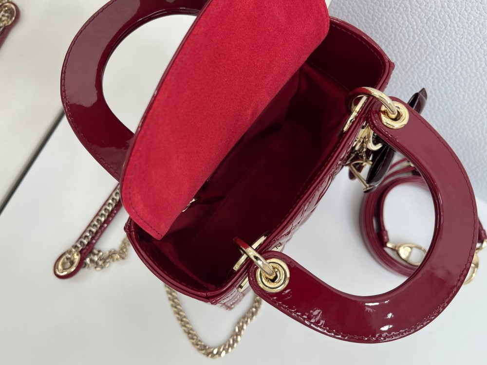 Mini Lady Dior Bag, Cherry Red Patent Cannage Calfskin, Top Handle Handbag with Detachable Crossbody Strap & Chain Wrist Strap