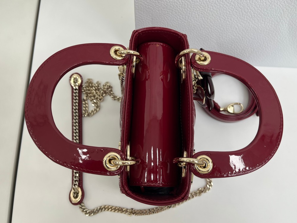 Mini Lady Dior Bag, Cherry Red Patent Cannage Calfskin, Top Handle Handbag with Detachable Crossbody Strap & Chain Wrist Strap
