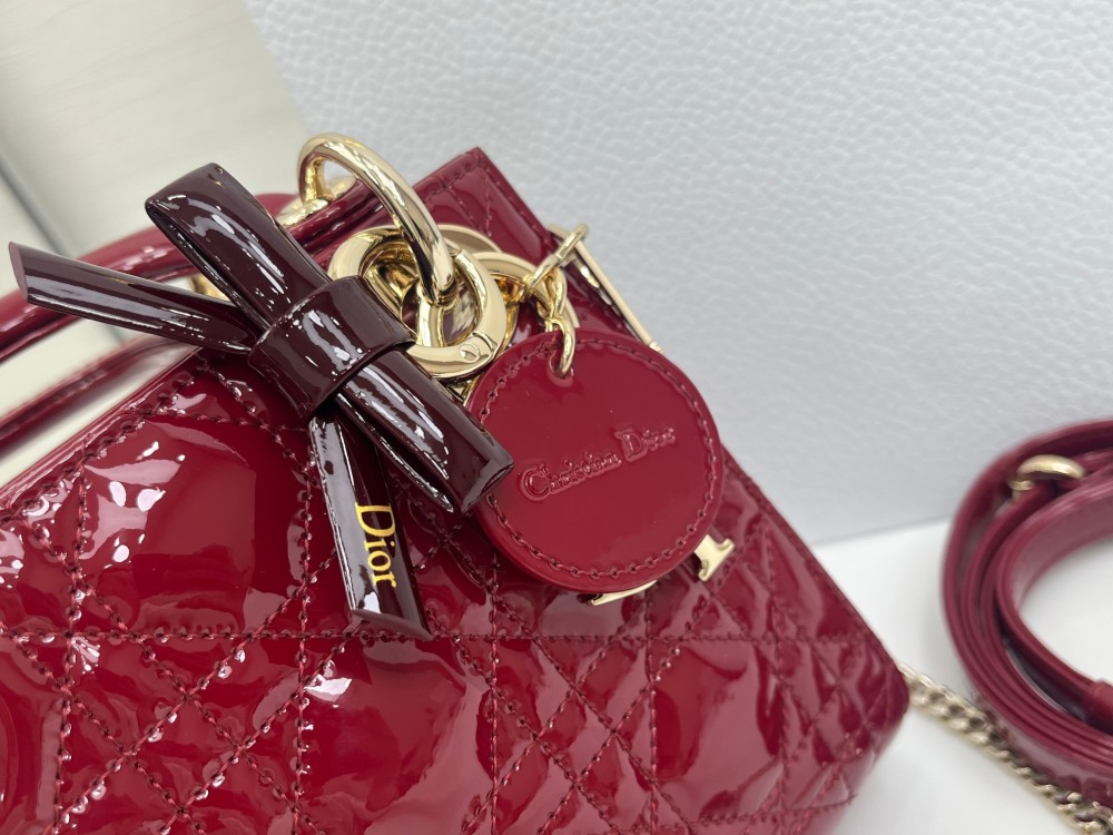 Mini Lady Dior Bag, Cherry Red Patent Cannage Calfskin, Top Handle Handbag with Detachable Crossbody Strap & Chain Wrist Strap