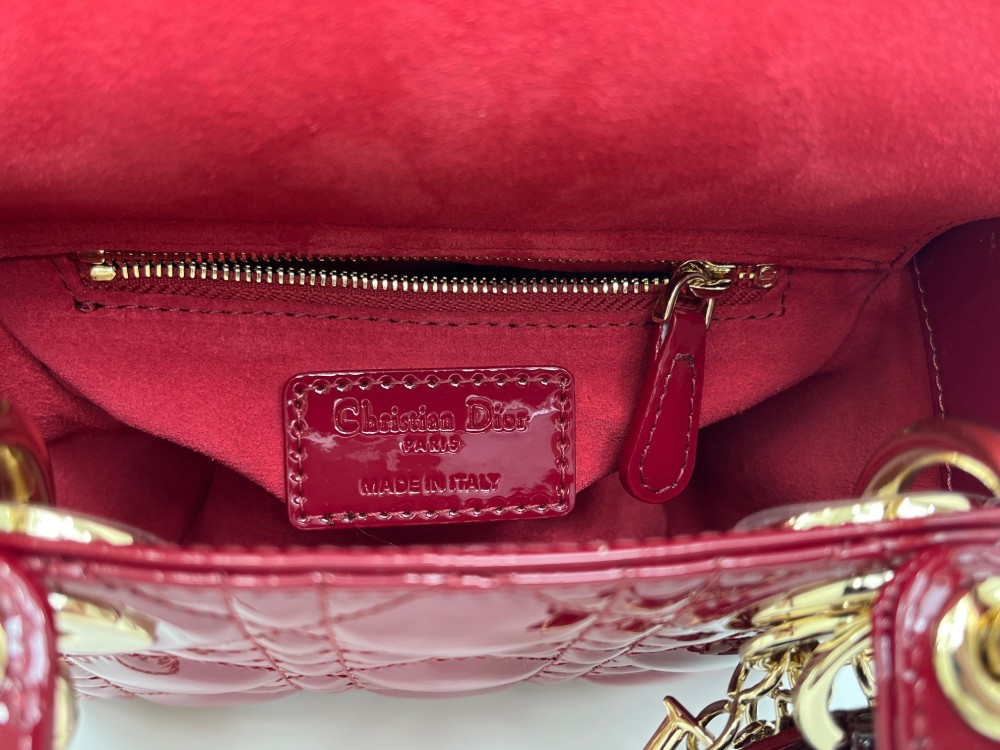 Mini Lady Dior Bag, Cherry Red Patent Cannage Calfskin, Top Handle Handbag with Detachable Crossbody Strap & Chain Wrist Strap