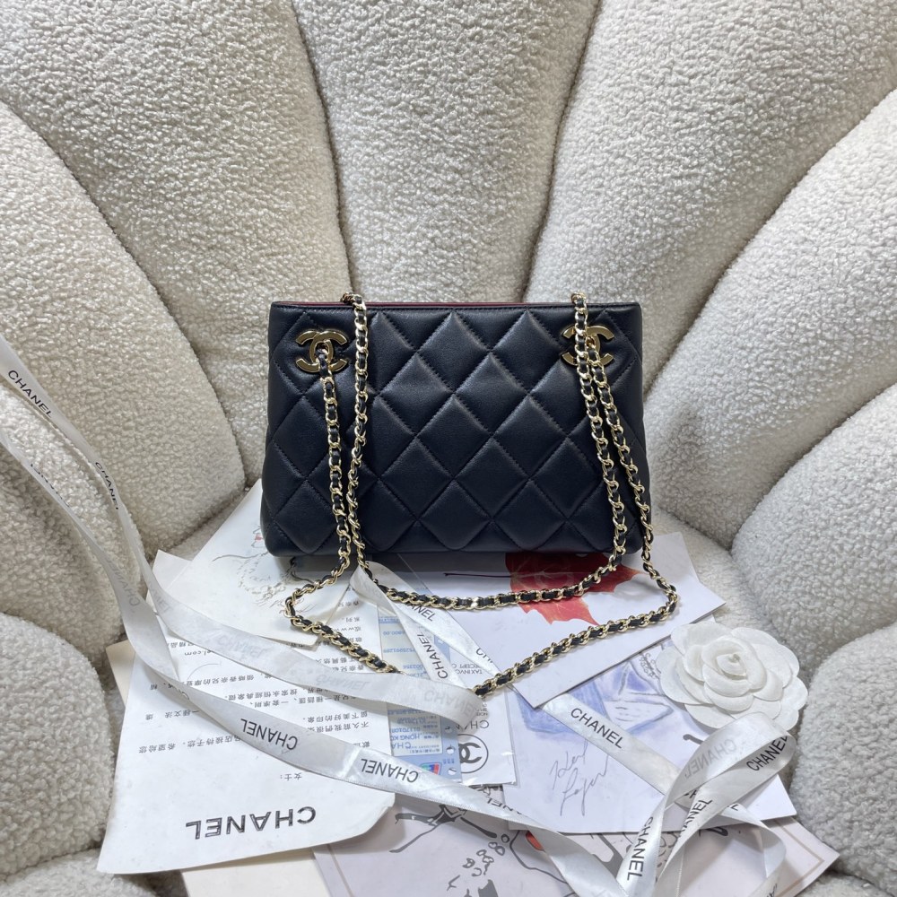 Chanel Mini Shopping Tote AS6248, Matelassé Lambskin Chain Shoulder Bag, Gold-Tone Metal Double C Hardware