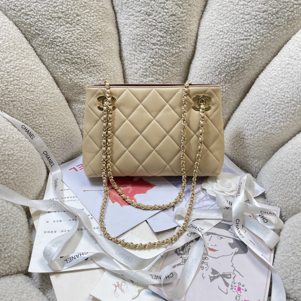 Chanel Mini Shopping Tote AS6248, Matelassé Lambskin Chain Shoulder Bag, Gold-Tone Metal Double C Hardware