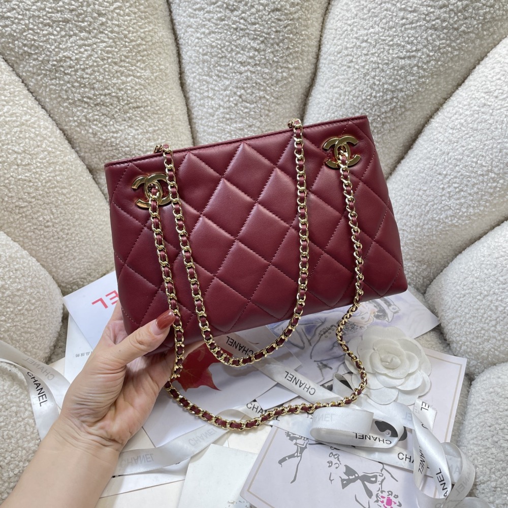 Chanel Mini Shopping Tote AS6248, Matelassé Lambskin Chain Shoulder Bag, Gold-Tone Metal Double C Hardware
