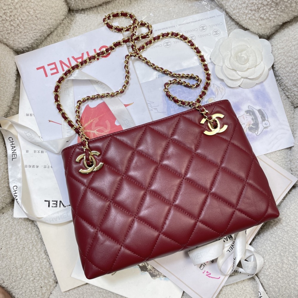 Chanel Mini Shopping Tote AS6248, Matelassé Lambskin Chain Shoulder Bag, Gold-Tone Metal Double C Hardware