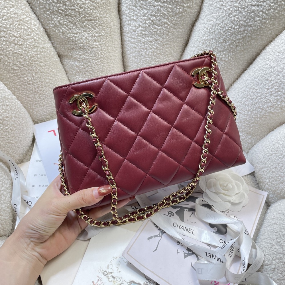 Chanel Mini Shopping Tote AS6248, Matelassé Lambskin Chain Shoulder Bag, Gold-Tone Metal Double C Hardware