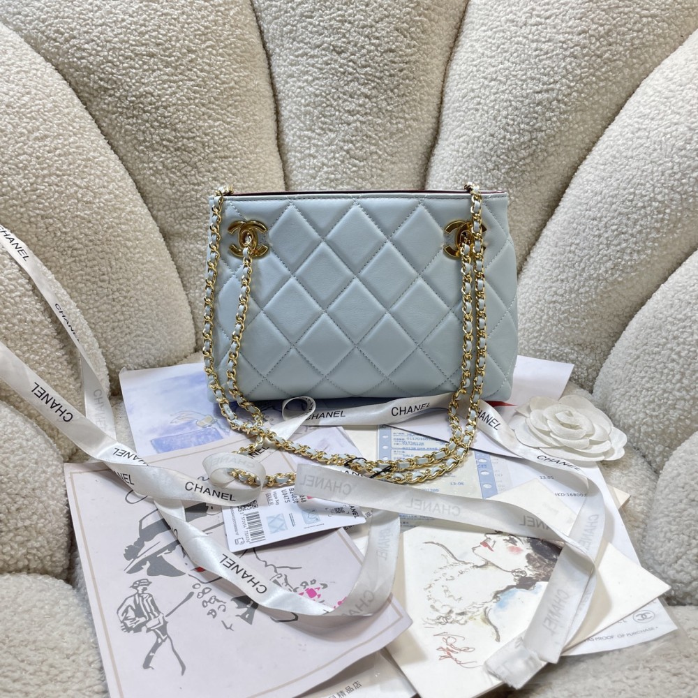 Chanel Mini Shopping Tote AS6248, Matelassé Lambskin Chain Shoulder Bag, Gold-Tone Metal Double C Hardware